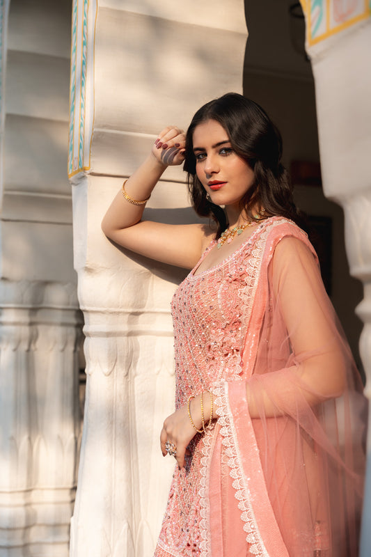 Gajari Georgette Readymade Sharara Set With Net Dupatta