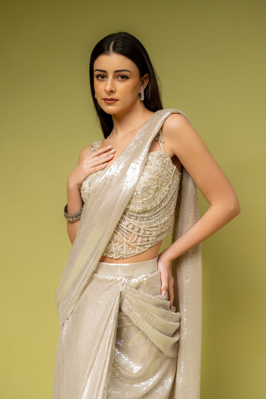 White Net Pre-Draped Designer Saree With Readymade Blouse