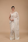 Off White Sequence & Threadwork, Embroidered Designer Organza Saree With Unstitched Blouse