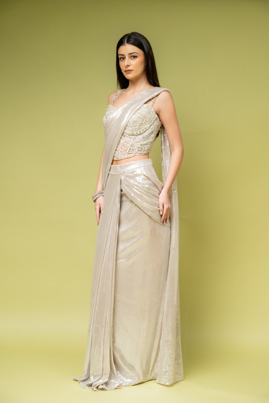 White Net Pre-Draped Designer Saree With Readymade Blouse