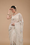 Off White Sequence & Threadwork, Embroidered Designer Organza Saree With Unstitched Blouse