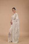 Off White Sequence & Threadwork, Embroidered Designer Organza Saree With Unstitched Blouse