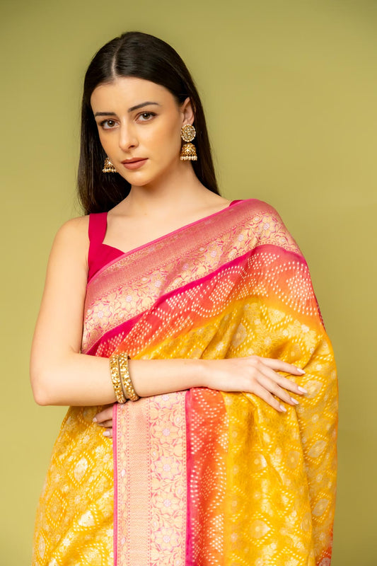 Mango Gold Khaddi Georgette Saree With Unstitched Blouse
