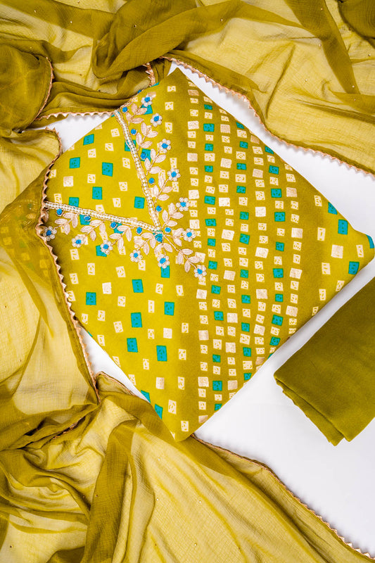 Pista Cotton Unstitched Salwar Suit With Chiffon Dupatta