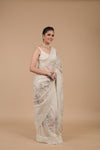 Off White Sequence & Threadwork, Embroidered Designer Organza Saree With Unstitched Blouse