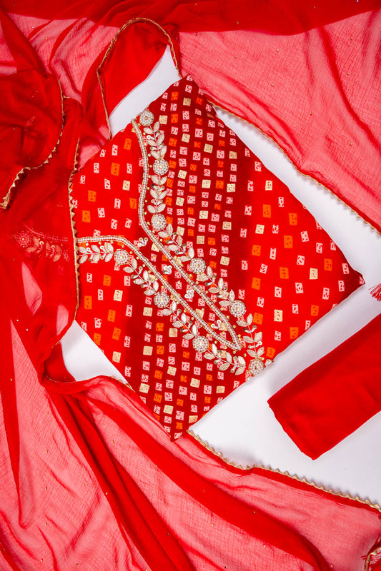 Red Cotton Unstitched Salwar Suit With Chiffon Dupatta