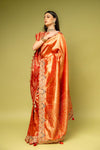 Red Banarasi Silk Embroidered Saree With Unstitched Blouse