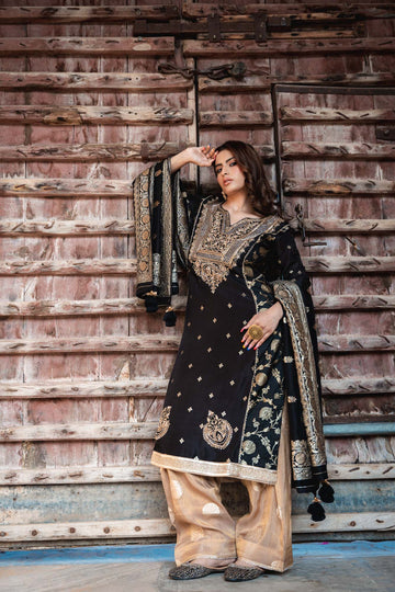 Black Banarasi Silk Readymade Suit And Palazzo With Silk Dupatta