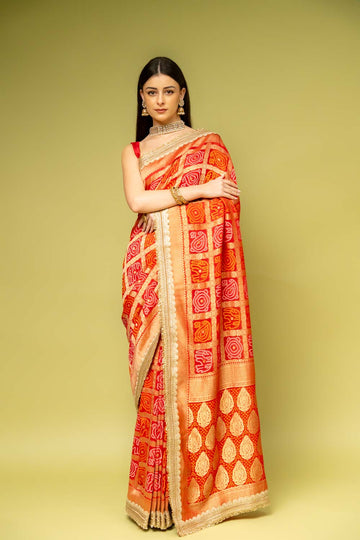 Red Banarasi Silk Embroidered Saree With Unstitched Blouse