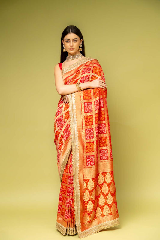 Red Banarasi Silk Embroidered Saree With Unstitched Blouse