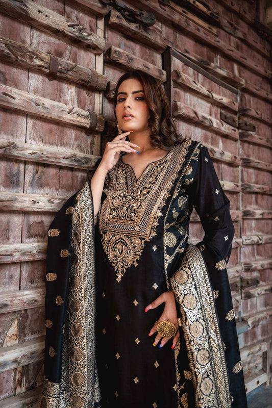 Black Banarasi Silk Readymade Suit And Palazzo With Silk Dupatta