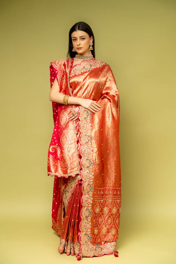 Rani Banarasi Silk Embroidered Saree With Unstitched Blouse