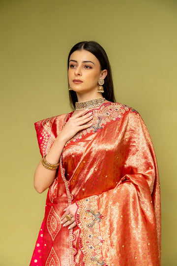 Rani Banarasi Silk Embroidered Saree With Unstitched Blouse