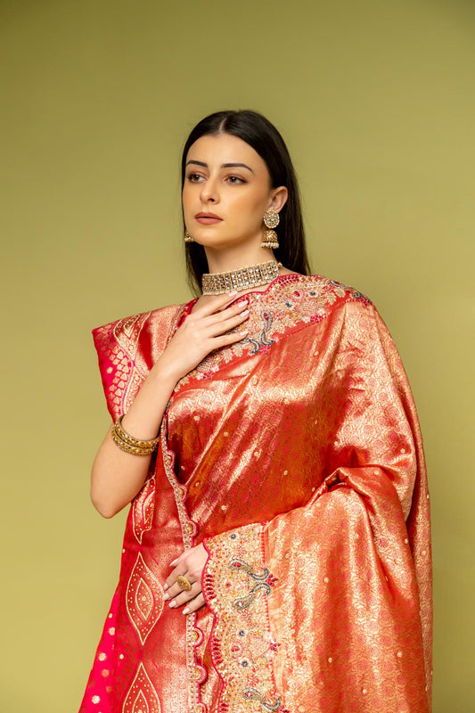 Rani Banarasi Silk Embroidered Saree With Unstitched Blouse