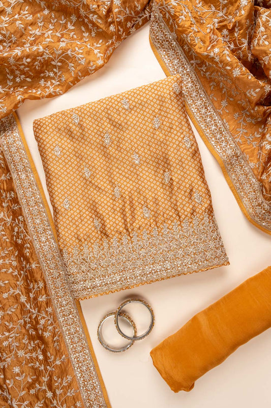 Mustard Sequence, Zarkan, Zari Threadwork & Bandhini printed Satin Unstitched Salwar Suit With Satin Dupatta