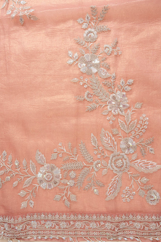 Peach Bead, Sequence & Zari Threadwork Organza Unstitched Salwar Suit With Organza Dupatta