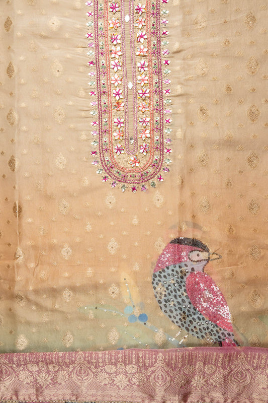 Dark Gajari Banarasi Woven Zari, Dabka, Gotta Patti, Sequence, Swarovski, Threadwork & Digital Printed Organza Unstitched Salwar Suit With Organza Dupatta