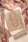 Dark Gajari Banarasi Woven Zari, Dabka, Gotta Patti, Sequence, Swarovski, Threadwork & Digital Printed Organza Unstitched Salwar Suit With Organza Dupatta