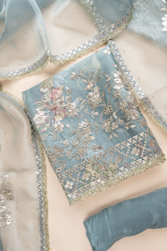 Grey Gotta Patti, Swarovski, Zari Threadwork & Digital Printed Organza Unstitched Salwar Suit With Organza Dupatta