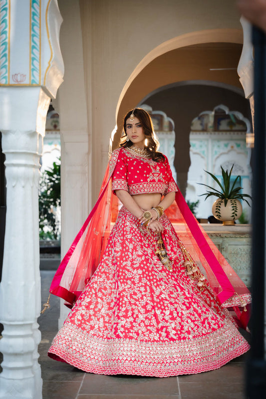 Rani Raw Silk Lehenga Set And Net Dupatta With Readymade Blouse