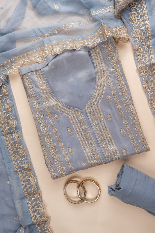 Grey Sequence & Zari Threadwork Organza Unstitched Salwar Suit With Chiffon Dupatta
