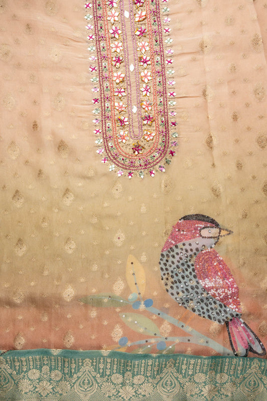 Tea Green Banarasi Woven Zari, Dabka, Gotta Patti, Sequence, Swarovski, Threadwork & Digital Printed Organza Unstitched Salwar Suit With Organza Dupatta