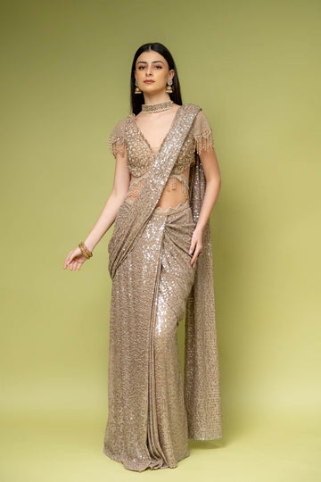 Tussar Net Pre-Draped Designer Saree With Readymade Blouse