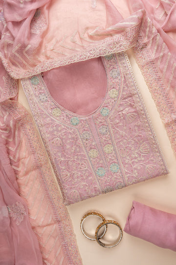 Gajari Swarovski, Zarkan & Threadwork Organza Unstitched Salwar Suit With Chiffon Dupatta