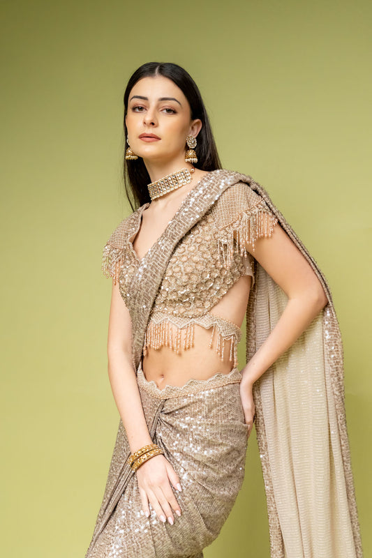 Tussar Net Pre-Draped Designer Saree With Readymade Blouse