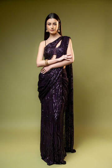 Garnet Net Pre-Draped Designer Saree With Readymade Blouse