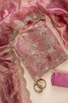 Dark Gajari Cutdana, Sequence, Swarovski, Zarkan & Zari Threadwork Organza Unstitched Salwar Suit With Organza Dupatta