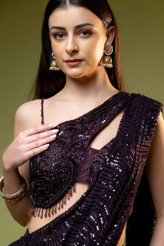 Garnet Net Pre-Draped Designer Saree With Readymade Blouse