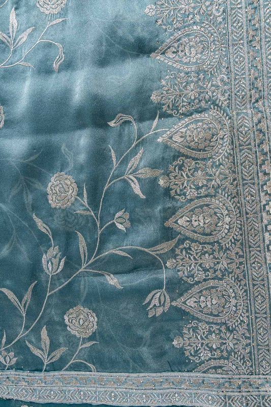 Grey Sequence, Swarovski & Zari Threadwork Organza Unstitched Salwar Suit With Organza Dupatta