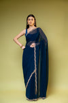 Peacock Georgette Embroidered Saree With Unstitched Blouse