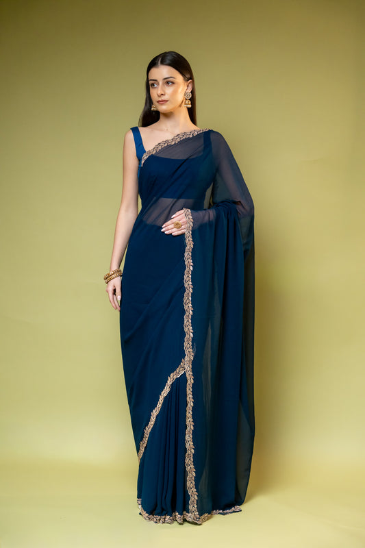 Peacock Georgette Embroidered Saree With Unstitched Blouse