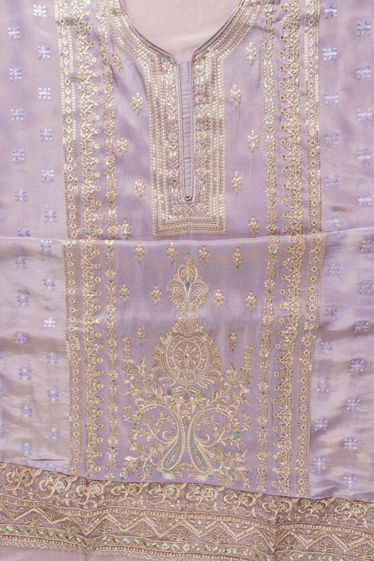 Mauve Sequence & Zari Threadwork Organza Unstitched Salwar Suit With Chiffon Dupatta