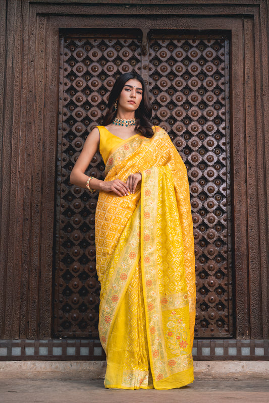 Mustard Woven Zari Banarasi Silk Saree With Unstitched Blouse