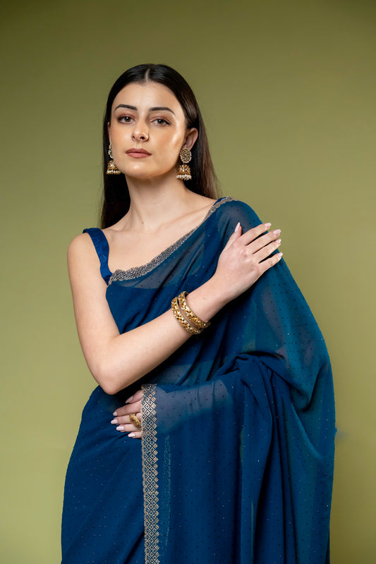 Peacock Georgette Embroidered Saree With Unstitched Blouse