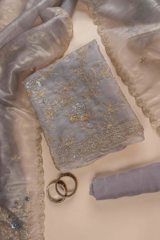 Grey Cutdana, Sequence, Swarovski, Zarkan & Zari Threadwork Organza Unstitched Salwar Suit With Organza Dupatta