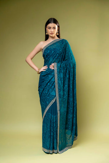 Rama Georgette Embroidered Saree With Unstitched Blouse