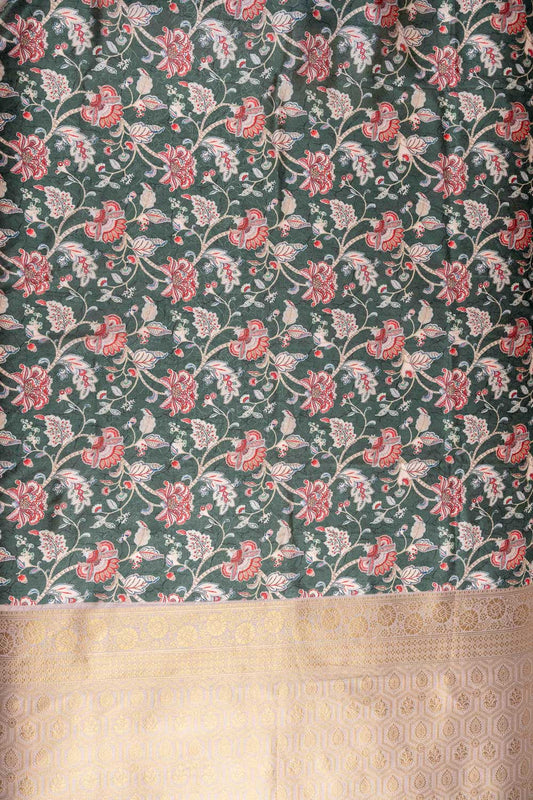 Mint Green Sequence, Zari Threadwork & Floral Printed Dola Saree With Unstitched Blouse