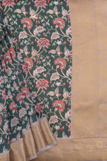 Mint Green Sequence, Zari Threadwork & Floral Printed Dola Saree With Unstitched Blouse