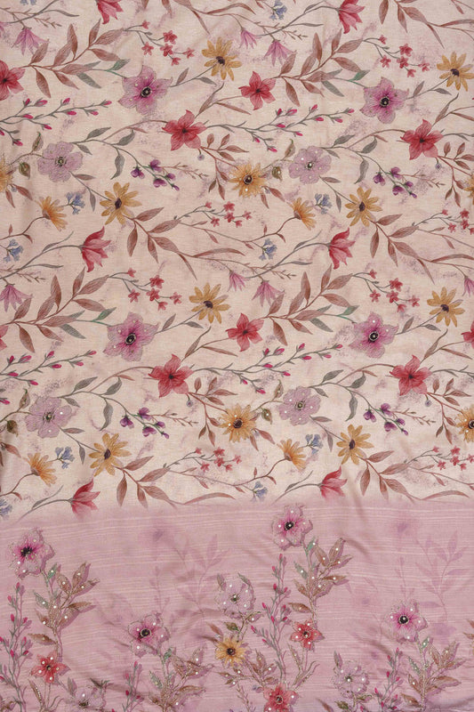 Tussar Sequence, Zari Threadwork & Floral Printed Dola Saree With Unstitched Blouse