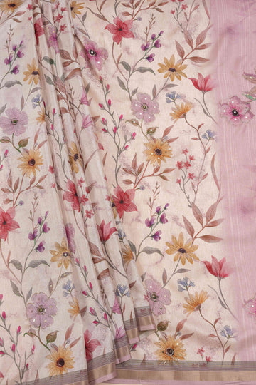Tussar Sequence, Zari Threadwork & Floral Printed Dola Saree With Unstitched Blouse
