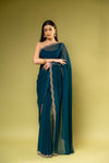 Rama Georgette Embroidered Saree With Unstitched Blouse