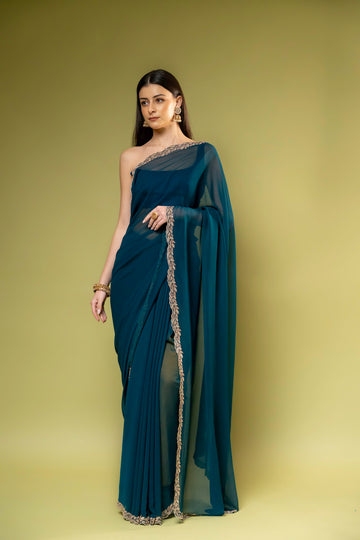 Rama Georgette Embroidered Saree With Unstitched Blouse