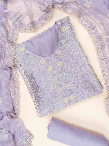 Mauve Swarovski, Zarkan & Threadwork Organza Unstitched Salwar Suit With Chiffon Dupatta
