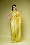 Pista Banarasi Silk Emroidered Saree With Unstitched Blouse