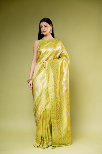 Pista Banarasi Silk Emroidered Saree With Unstitched Blouse