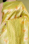 Pista Banarasi Silk Emroidered Saree With Unstitched Blouse